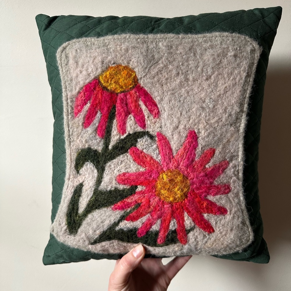 Felted Wool Daisy Throw Pillow Botanical Handmade Bohemian